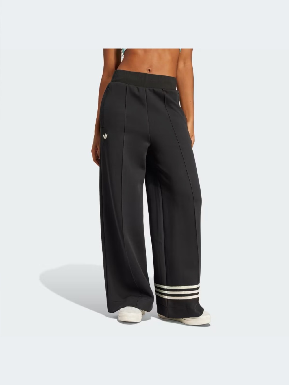 adidas Black Wide-Leg Track Pants with White Hem Stripes